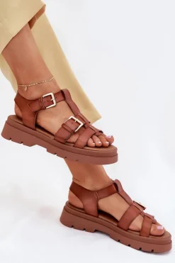 Eko Skórzane Sandały Damskie Z Klamrami Camel Mireza