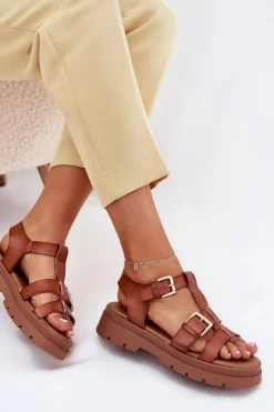 Eko Skórzane Sandały Damskie Z Klamrami Camel Mireza