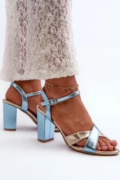 Eko Skórzane Sandały Na Obcasie Słupku Niebiesko-Złote Abilica
