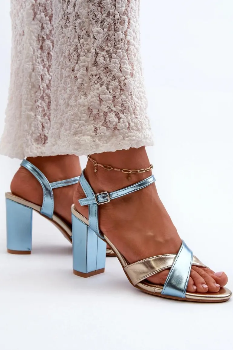 Eko Skórzane Sandały Na Obcasie Słupku Niebiesko-Złote Abilica