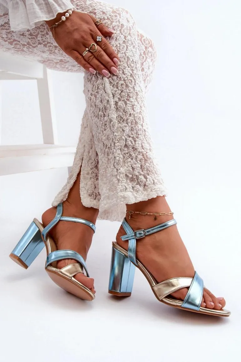 Eko Skórzane Sandały Na Obcasie Słupku Niebiesko-Złote Abilica