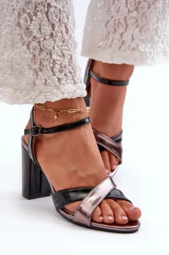 Eko Skórzane Sandały Na Obcasie Słupku Czarne Abilica