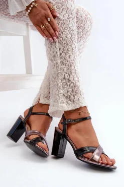 Eko Skórzane Sandały Na Obcasie Słupku Czarne Abilica