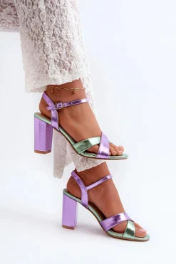Eko Skórzane Sandały Na Obcasie Słupku Fioletowe Abilica