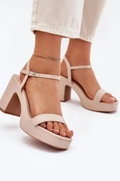 Eko Skórzane Sandały Na Słupku Beżowe Lillita