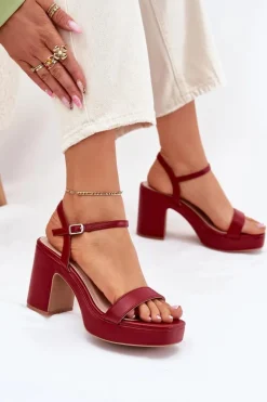 Eko Skórzane Sandały Na Słupku Bordowe Lillita