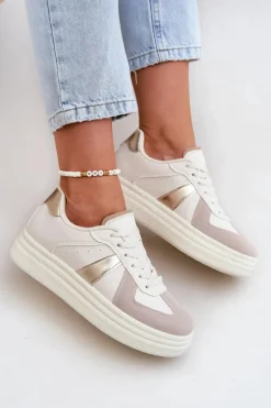 Eko Skórzane Sneakersy Damskie Na Platformie Beżowe Goriette