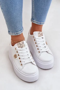 Eko Skórzane Sneakersy Na Platformie Ze Złotym Detalem Biało-Beżowe Zingie