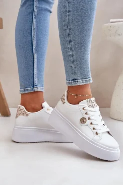 Eko Skórzane Sneakersy Na Platformie Ze Złotym Detalem Biało-Beżowe Zingie