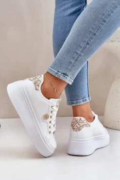 Eko Skórzane Sneakersy Na Platformie Ze Złotym Detalem Biało-Beżowe Zingie