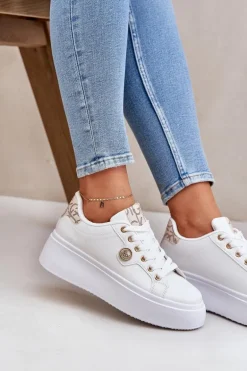 Eko Skórzane Sneakersy Na Platformie Ze Złotym Detalem Biało-Beżowe Zingie