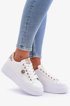 Eko Skórzane Sneakersy Na Platformie Ze Złotym Detalem Biało-Beżowe Zingie
