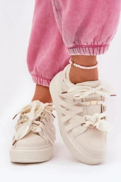 Eko Skórzane Sneakersy Na Platformie Beżowe Penolle