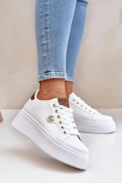 Eko Skórzane Sneakersy Na Platformie Ze Złotym Detalem Biało-Brązowe Zingie