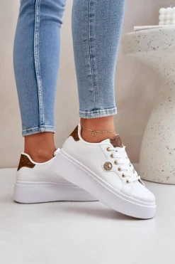 Eko Skórzane Sneakersy Na Platformie Ze Złotym Detalem Biało-Brązowe Zingie