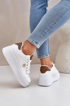 Eko Skórzane Sneakersy Na Platformie Ze Złotym Detalem Biało-Brązowe Zingie