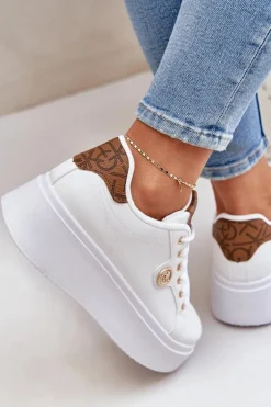 Eko Skórzane Sneakersy Na Platformie Ze Złotym Detalem Biało-Brązowe Zingie