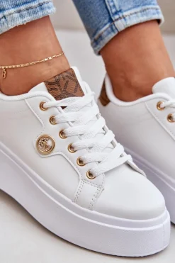 Eko Skórzane Sneakersy Na Platformie Ze Złotym Detalem Biało-Brązowe Zingie