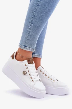 Eko Skórzane Sneakersy Na Platformie Ze Złotym Detalem Biało-Brązowe Zingie