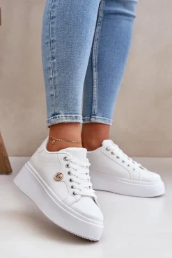 Eko Skórzane Sneakersy Na Platformie Ze Złotym Detalem Białe Zingie