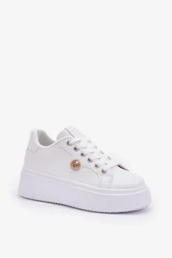 Eko Skórzane Sneakersy Na Platformie Ze Złotym Detalem Białe Zingie