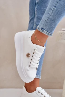 Eko Skórzane Sneakersy Na Platformie Ze Złotym Detalem Białe Zingie