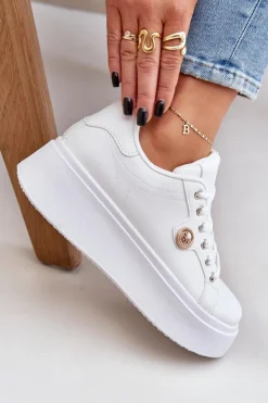 Eko Skórzane Sneakersy Na Platformie Ze Złotym Detalem Białe Zingie