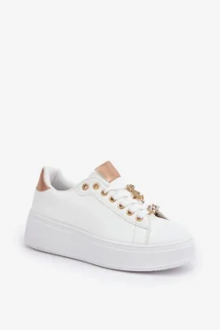 Eko Skórzane Sneakersy Z Przypinkami Biało-Złote Enalirae