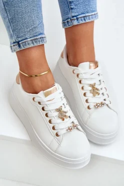 Eko Skórzane Sneakersy Z Przypinkami Biało-Złote Enalirae