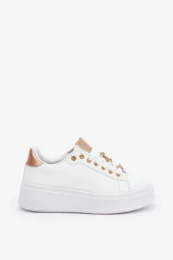 Eko Skórzane Sneakersy Z Przypinkami Biało-Złote Enalirae