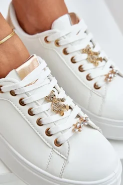 Eko Skórzane Sneakersy Z Przypinkami Biało-Złote Enalirae