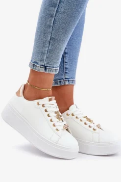 Eko Skórzane Sneakersy Z Przypinkami Biało-Złote Enalirae