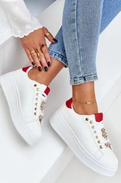 Eko Skórzane Sneakersy Z Przypinkami Biało-Czerwone Enalirae
