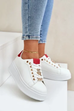 Eko Skórzane Sneakersy Z Przypinkami Biało-Czerwone Enalirae