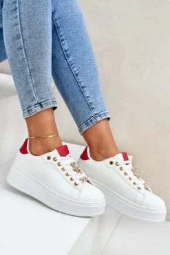 Eko Skórzane Sneakersy Z Przypinkami Biało-Czerwone Enalirae