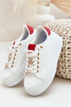 Eko Skórzane Sneakersy Z Przypinkami Biało-Czerwone Enalirae