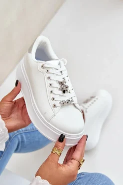 Eko Skórzane Sneakersy Z Przypinkami Biało-Srebrne Enalirae