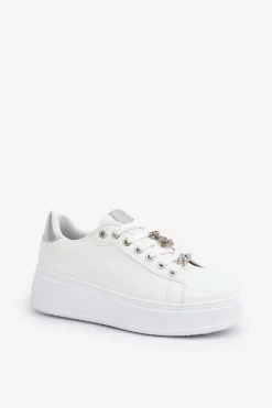 Eko Skórzane Sneakersy Z Przypinkami Biało-Srebrne Enalirae