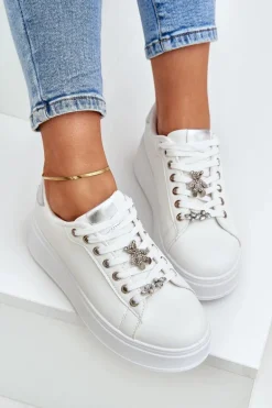 Eko Skórzane Sneakersy Z Przypinkami Biało-Srebrne Enalirae