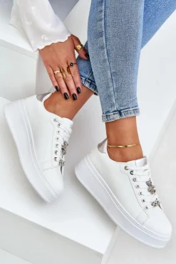 Eko Skórzane Sneakersy Z Przypinkami Biało-Srebrne Enalirae