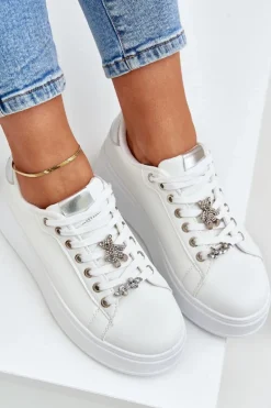 Eko Skórzane Sneakersy Z Przypinkami Biało-Srebrne Enalirae