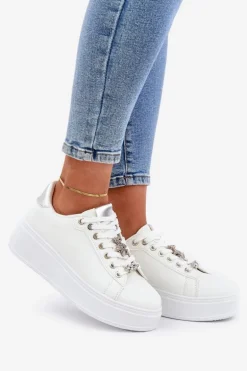 Eko Skórzane Sneakersy Z Przypinkami Biało-Srebrne Enalirae