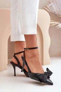 Eko Skórzane Szpilki Z Kokardą Czarne Volamia