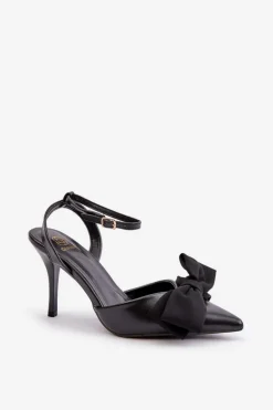 Eko Skórzane Szpilki Z Kokardą Czarne Volamia