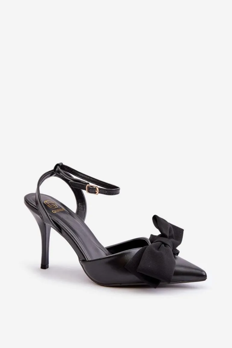 Eko Skórzane Szpilki Z Kokardą Czarne Volamia