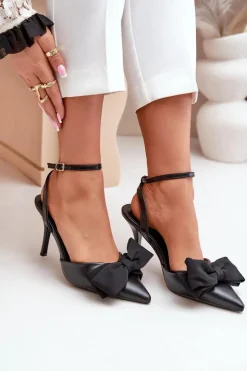 Eko Skórzane Szpilki Z Kokardą Czarne Volamia