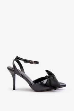 Eko Skórzane Szpilki Z Kokardą Czarne Volamia