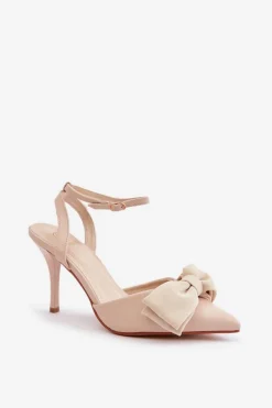 Eko Skórzane Szpilki Z Kokardą Beżowe Volamia