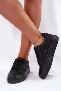 Eko Skórzane Trampki Damskie Na Platformie Big Star RR274299 Czarne