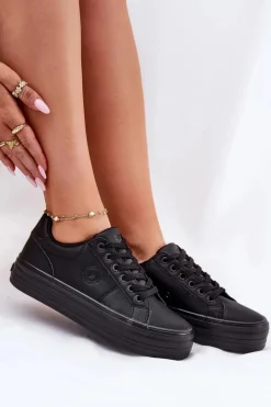 Eko Skórzane Trampki Damskie Na Platformie Big Star RR274299 Czarne